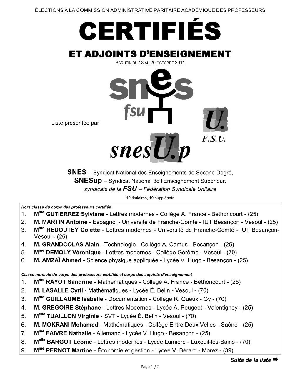 Certifiés Et Adjoints D’Enseignement Scrutin Du 13 Au 20 Octobre 2011