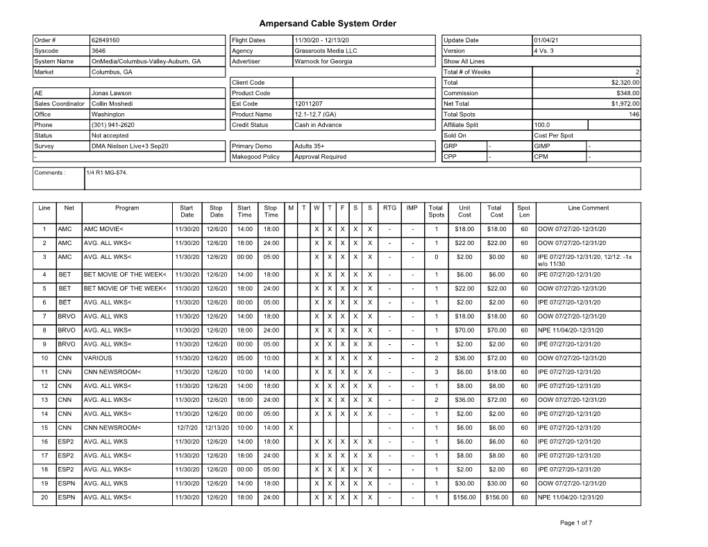 Ampersand Cable System Order