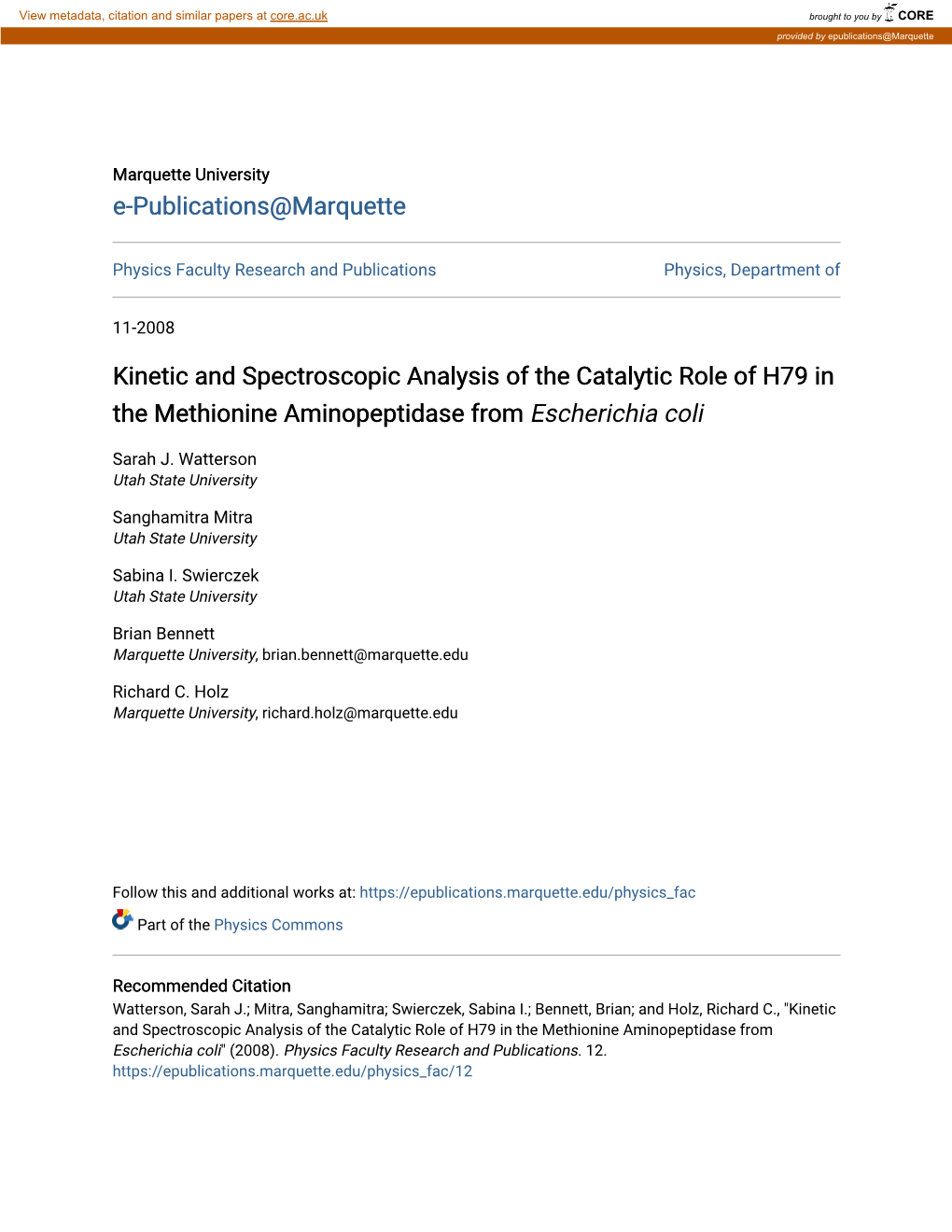 Kinetic and Spectroscopic Analysis of the Catalytic Role of H79 in the Methionine Aminopeptidase from Escherichia Coli