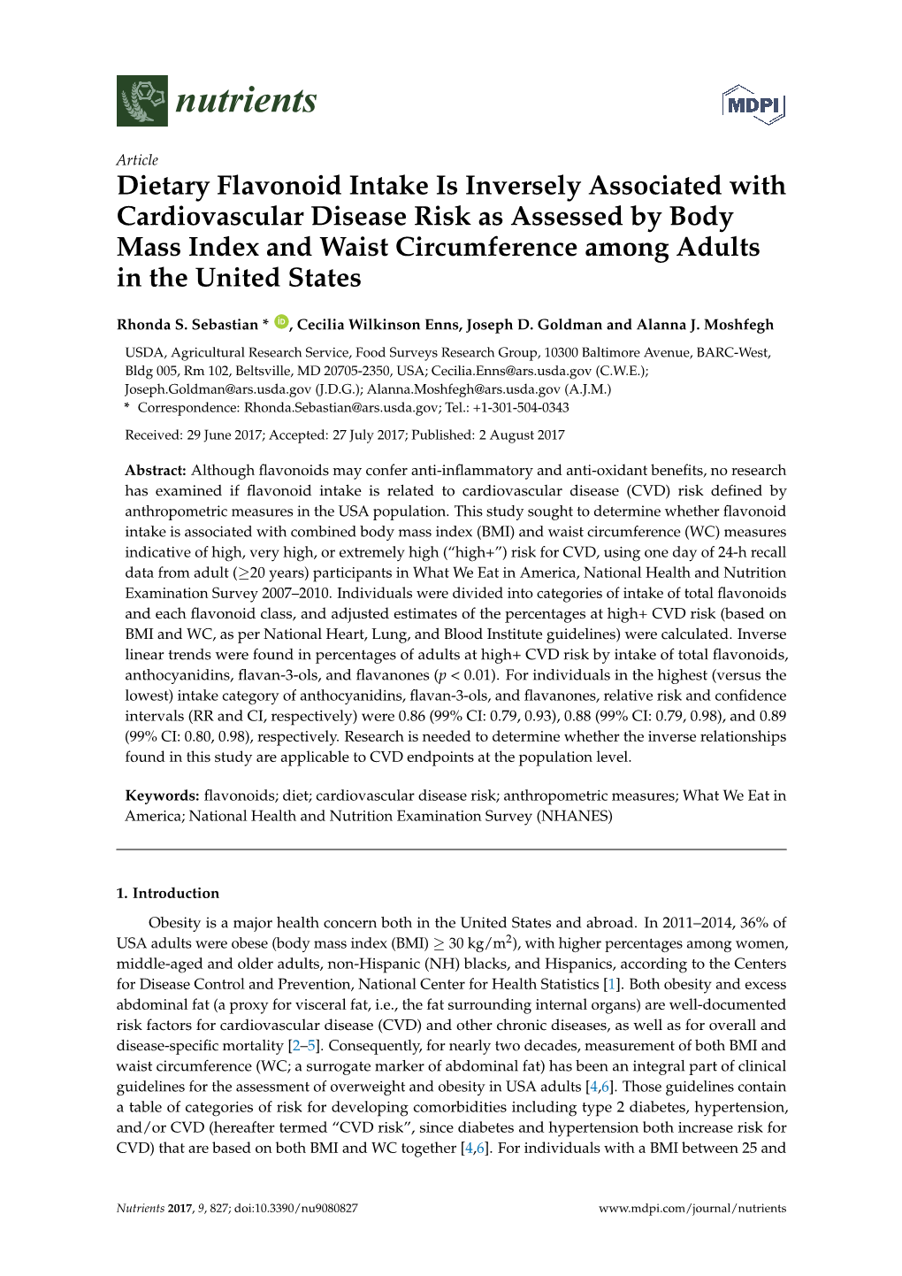 Dietary Flavonoid Intake Is Inversely Associated with Cardiovascular