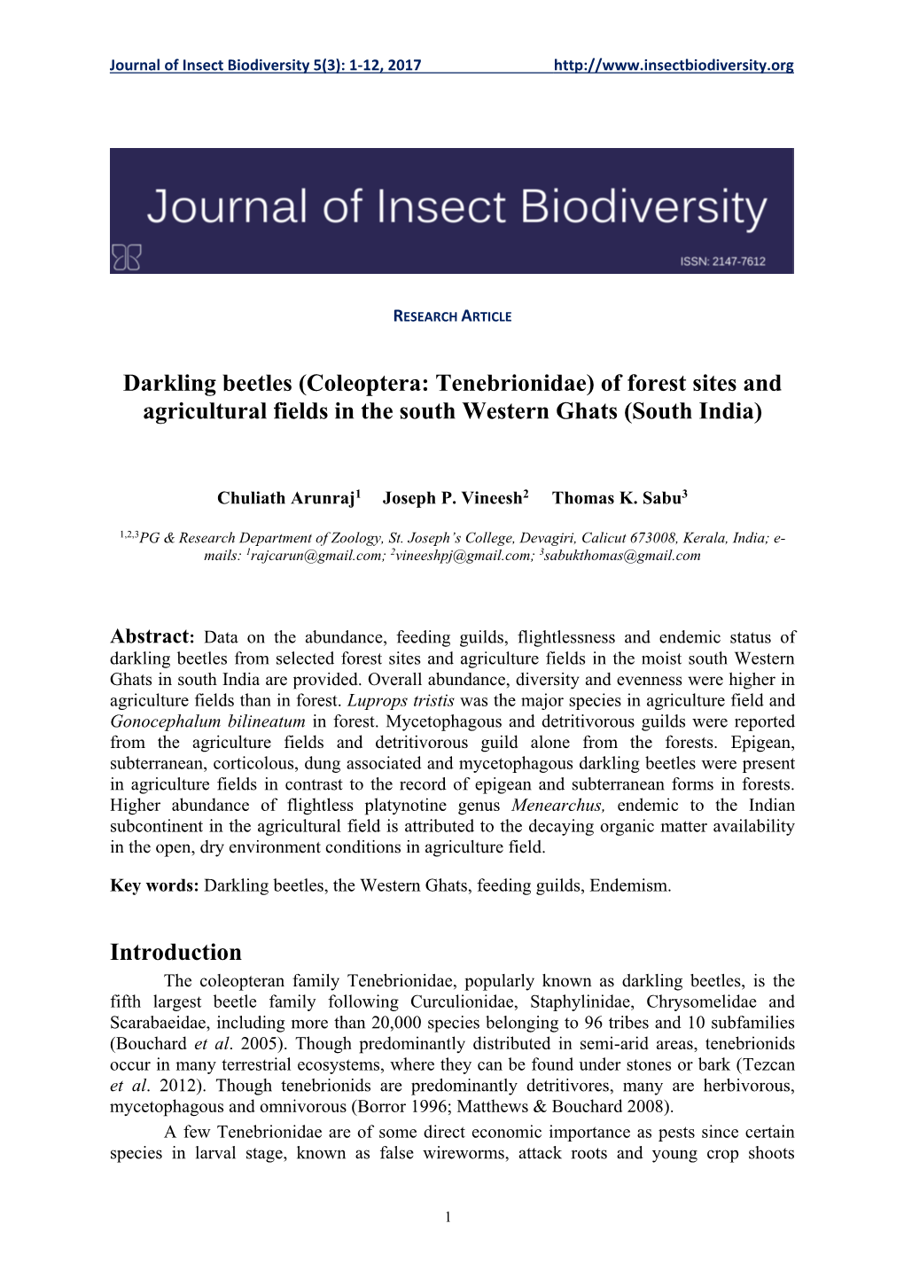 Darkling Beetles (Coleoptera: Tenebrionidae) of Forest Sites and Agricultural Fields in the South Western Ghats (South India)