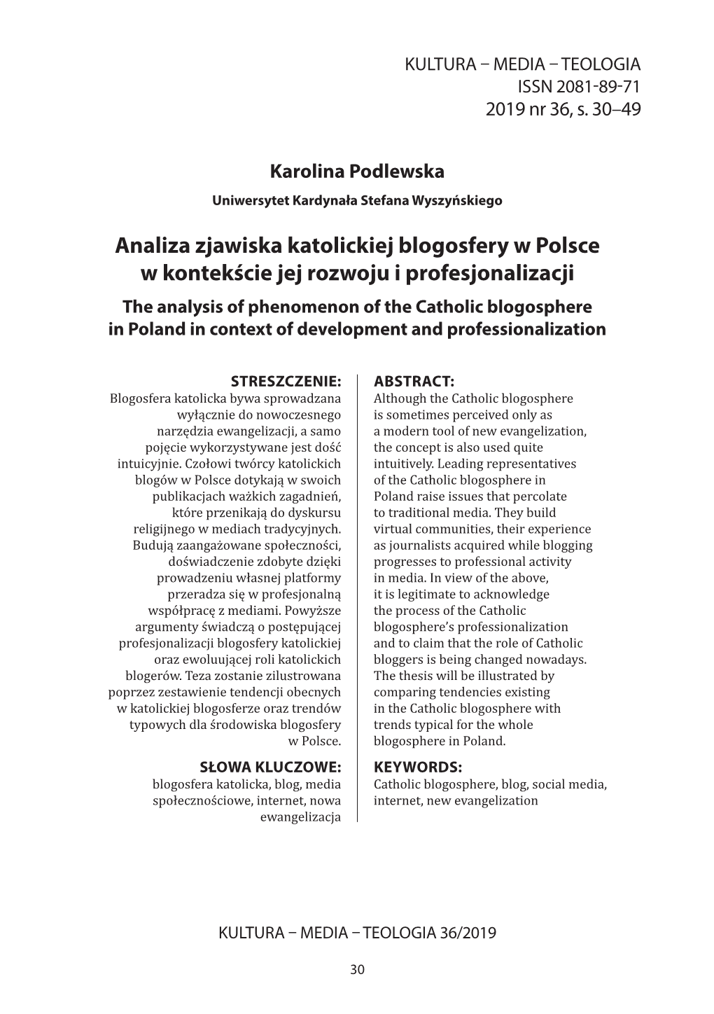 Analiza Zjawiska Katolickiej Blogosfery W Polsce W Kontekście Jej Rozwoju I