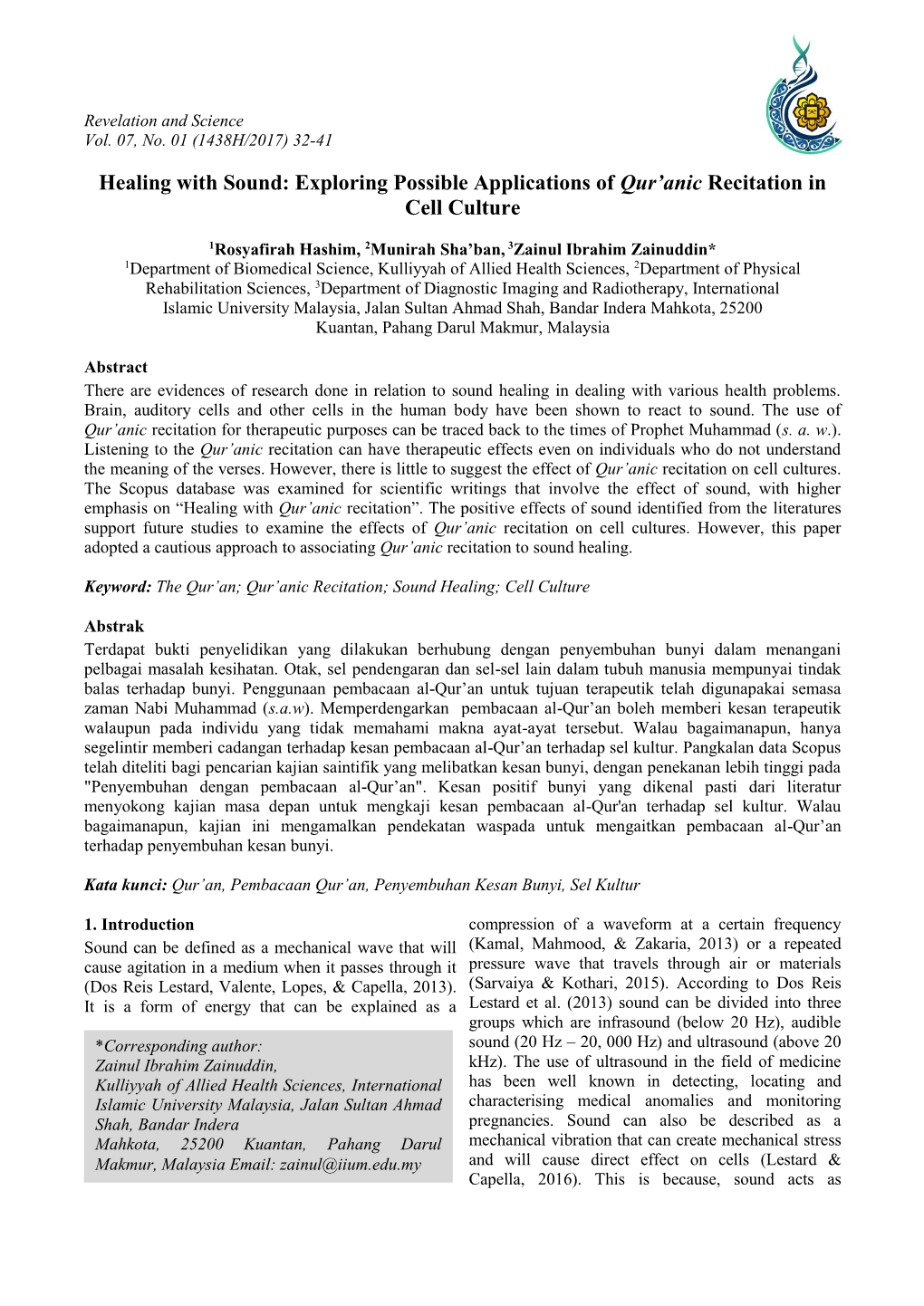 Healing with Sound: Exploring Possible Applications of Qur’Anic Recitation in Cell Culture