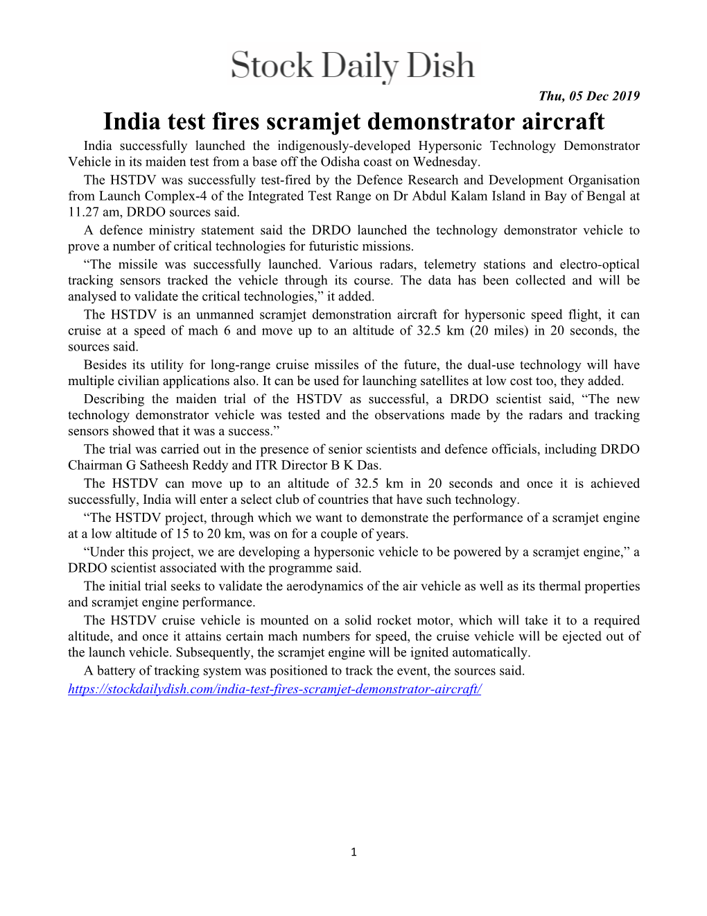 India Test Fires Scramjet Demonstrator Aircraft