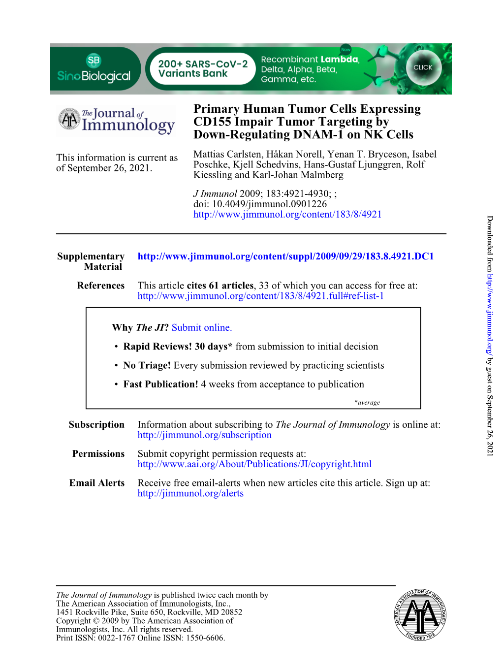 Down-Regulating DNAM-1 on NK Cells CD155 Impair Tumor