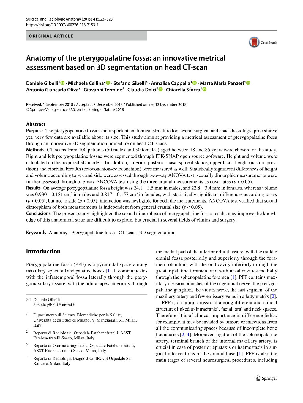 Anatomy of the Pterygopalatine Fossa: an Innovative Metrical Assessment Based on 3D Segmentation on Head CT-Scan