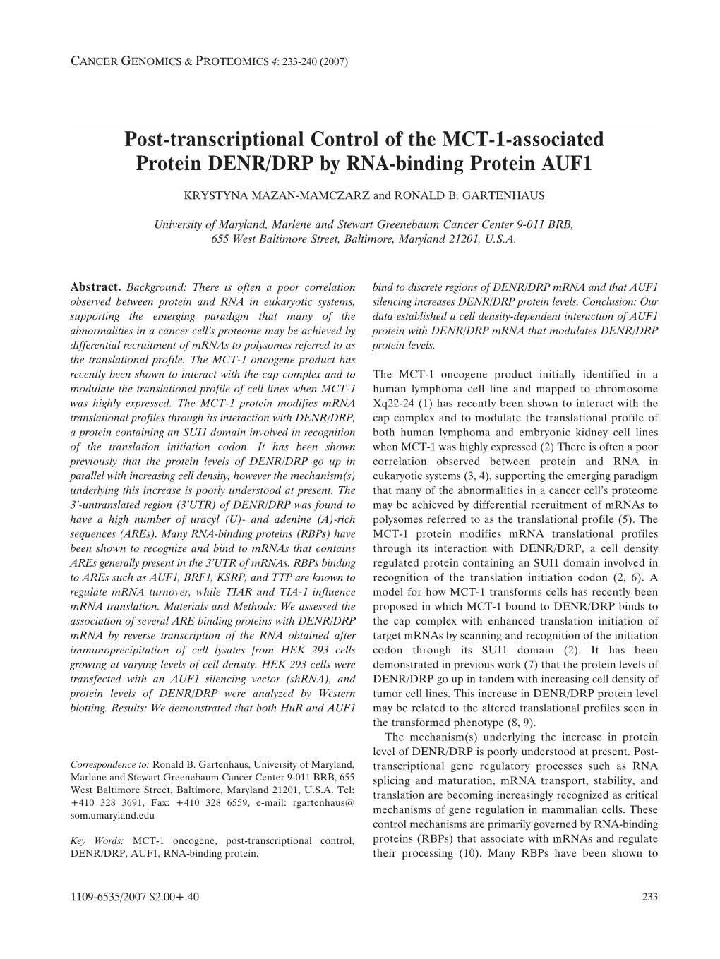 Post-Transcriptional Control of the MCT-1-Associated Protein DENR/DRP by RNA-Binding Protein AUF1