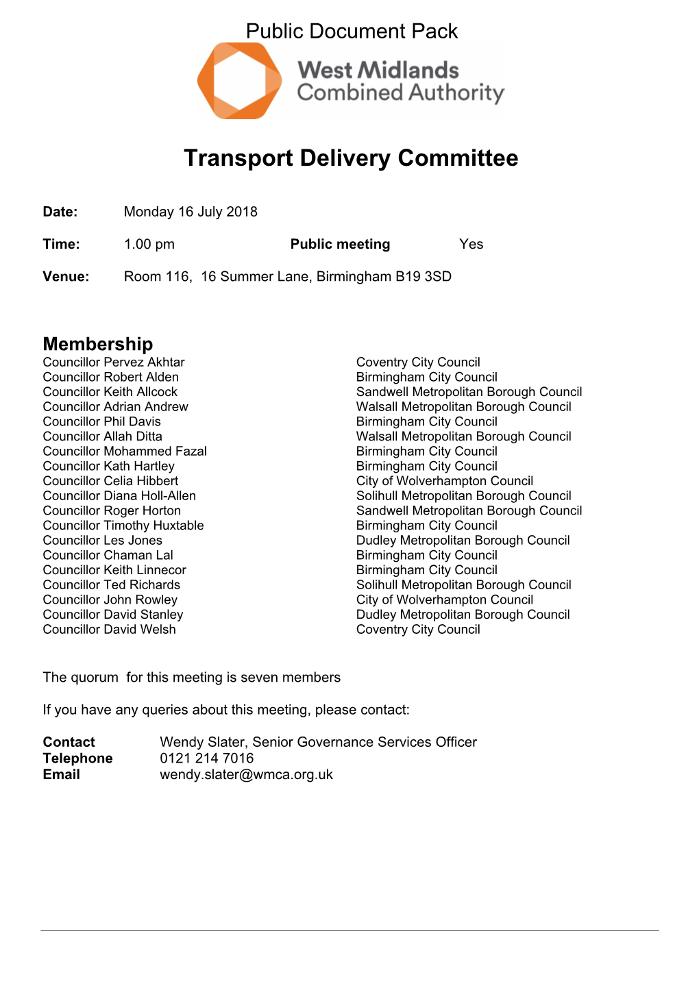 (Public Pack)Agenda Document for Transport Delivery Committee, 16