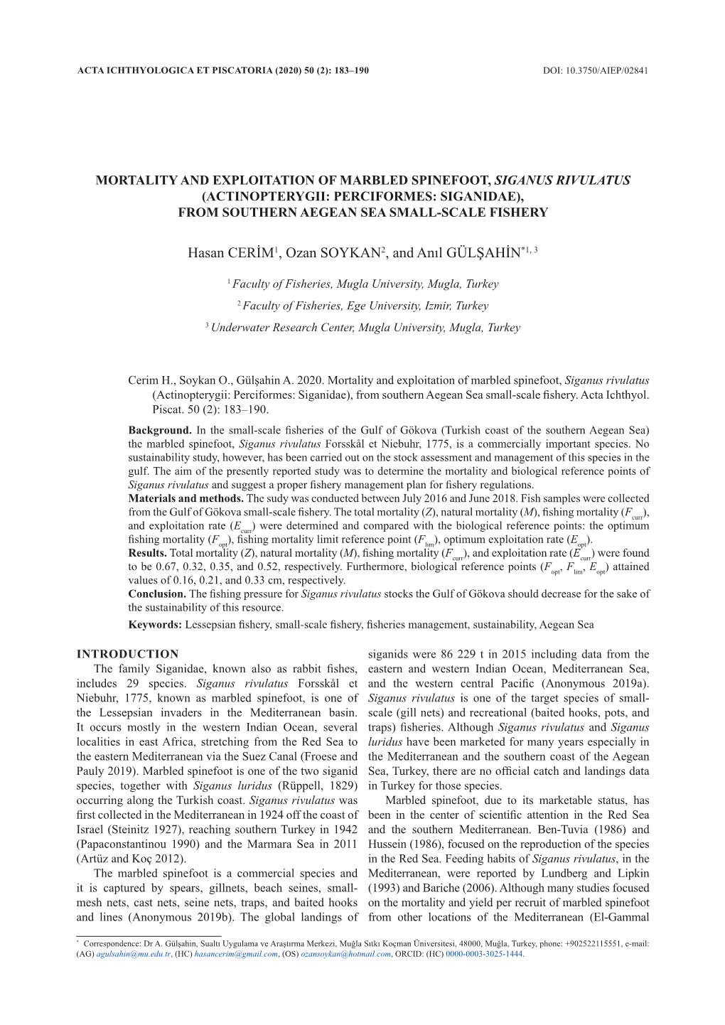 Mortality and Exploitation of Marbled Spinefoot, Siganus Rivulatus (Actinopterygii: Perciformes: Siganidae), from Southern Aegean Sea Small-Scale Fishery