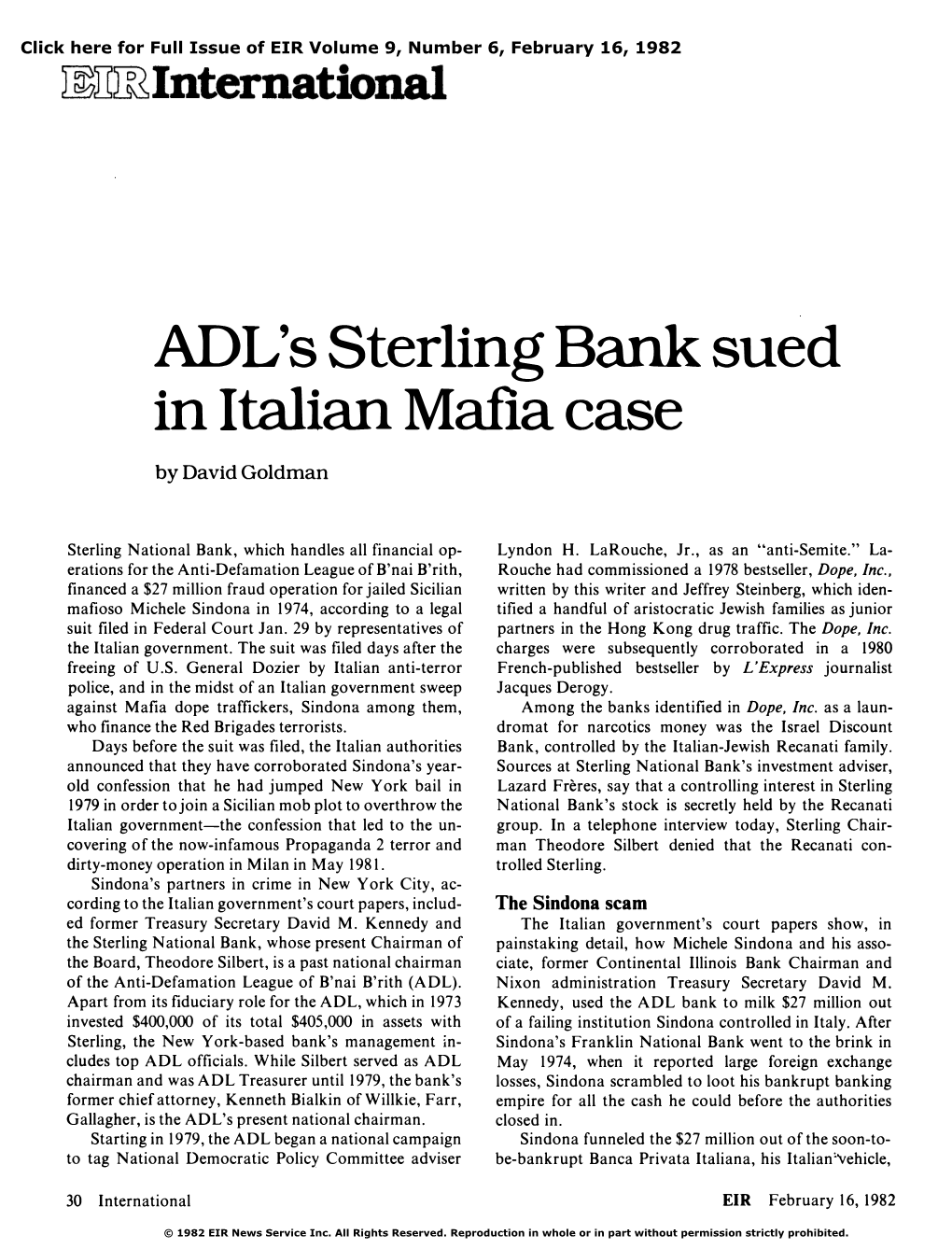 ADL's Sterling Bank Sued in Italian Mafia Case