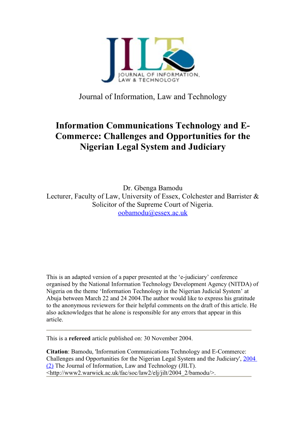 Journal of Information, Law and Technology