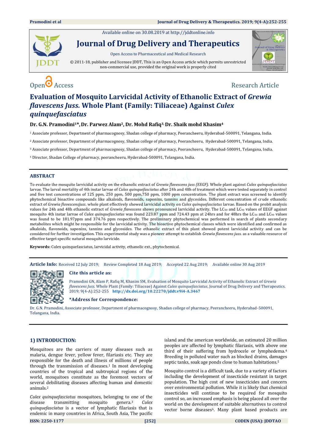 Evaluation of Mosquito Larvicidal Activity of Ethanolic Extract of Grewia Flavescens Juss