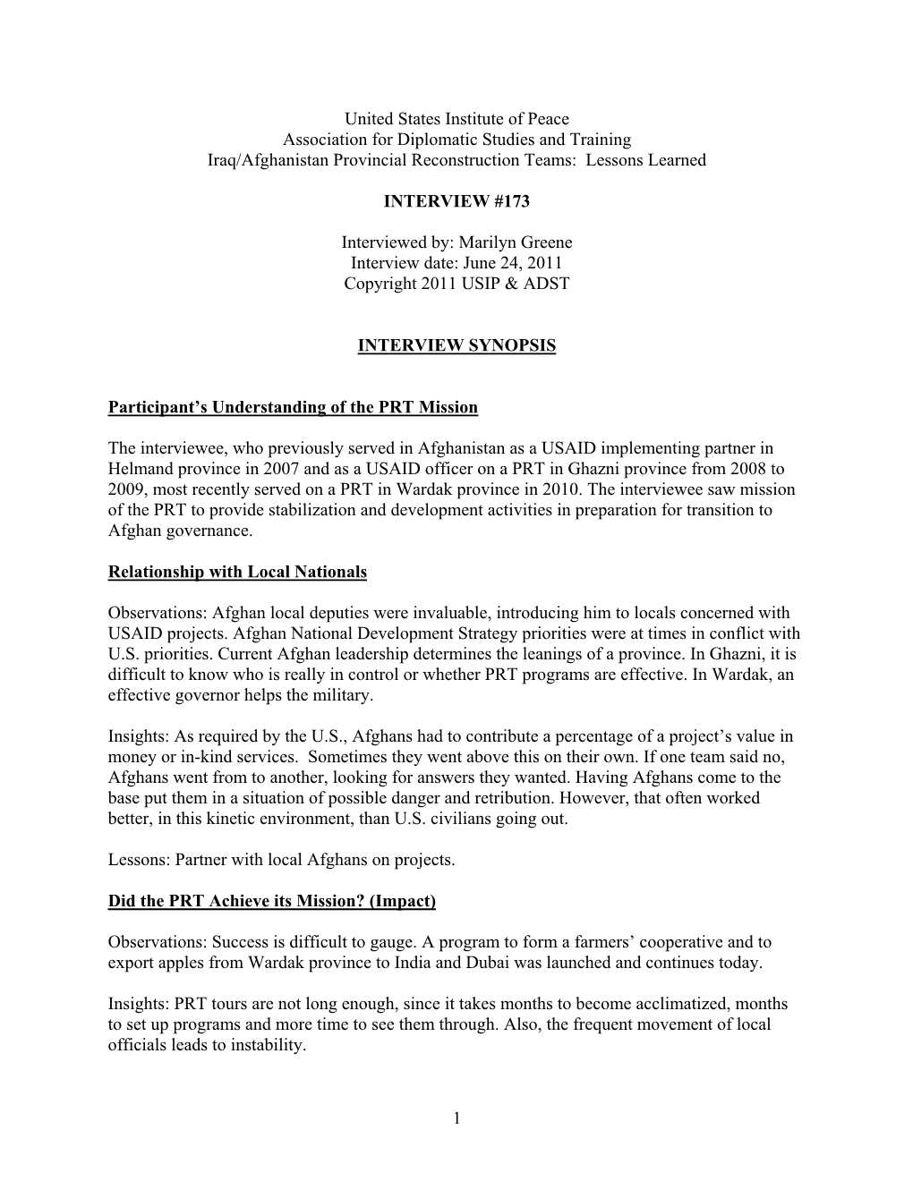 United States Institute of Peace Association for Diplomatic Studies and Training Iraq/Afghanistan Provincial Reconstruction Teams: Lessons Learned