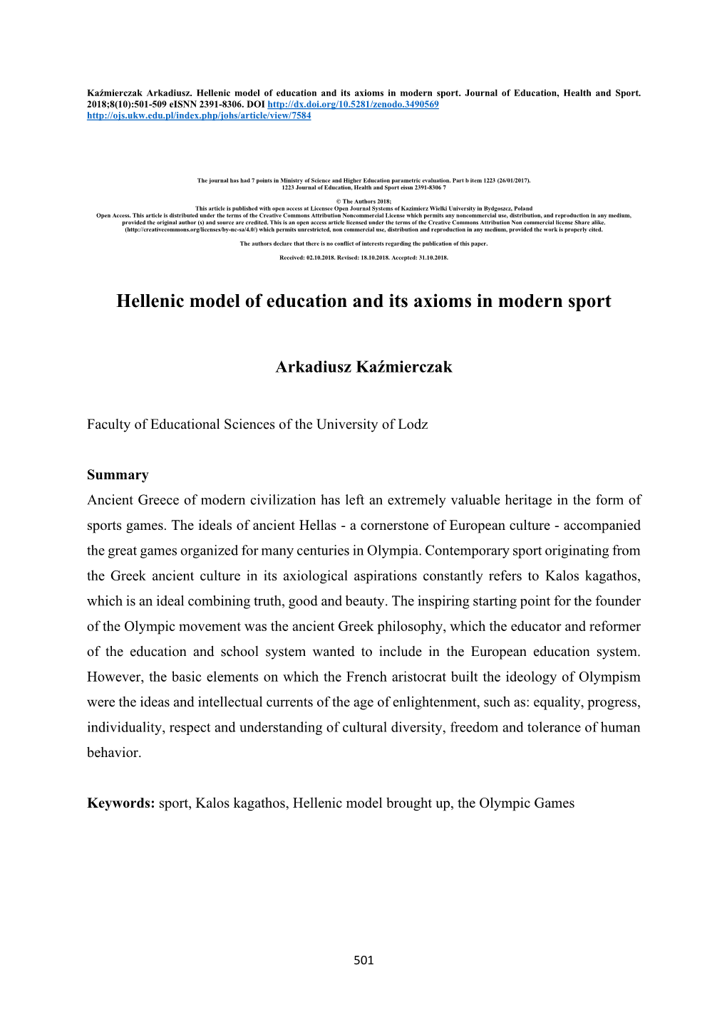 Hellenic Model of Education and Its Axioms in Modern Sport