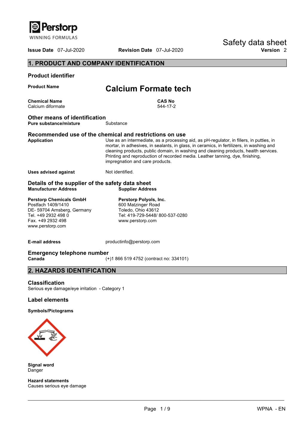 Safety Data Sheet Calcium Formate Tech