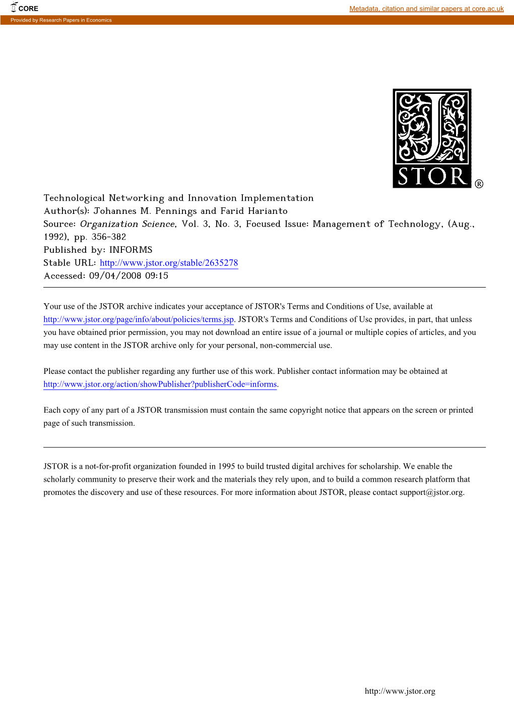 Johannes M. Pennings and Farid Harianto Source: Organization Science, Vol