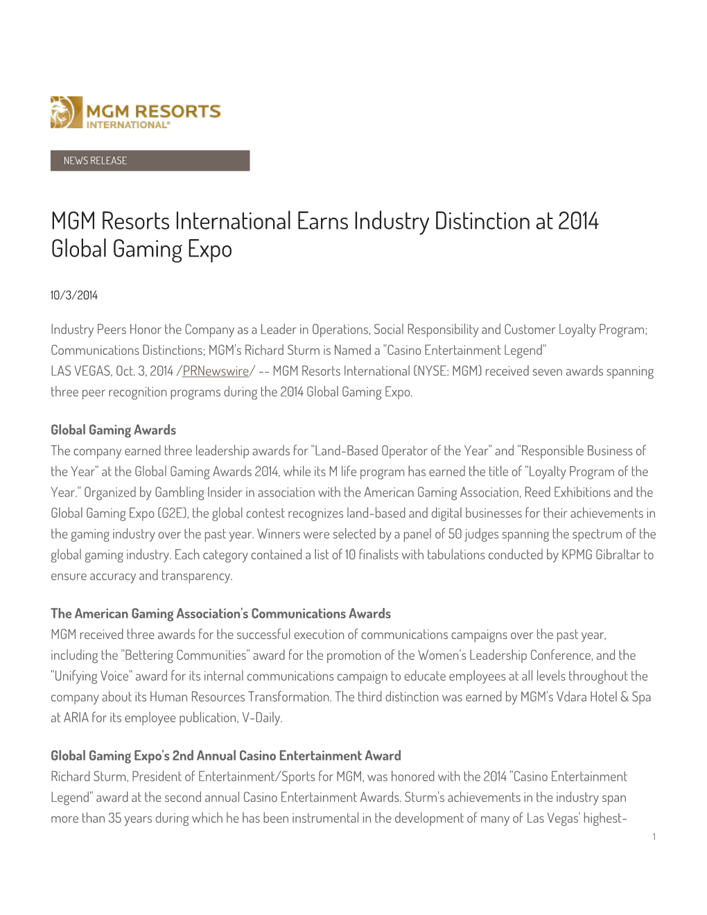 MGM Resorts International Earns Industry Distinction at 2014 Global Gaming Expo