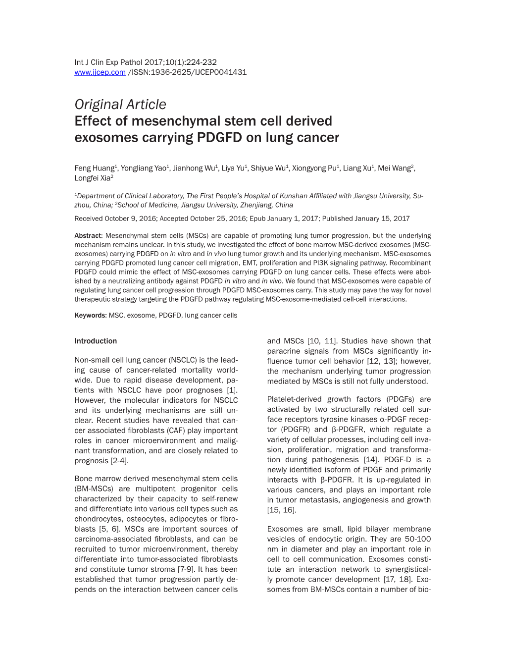 Original Article Effect of Mesenchymal Stem Cell Derived Exosomes Carrying PDGFD on Lung Cancer