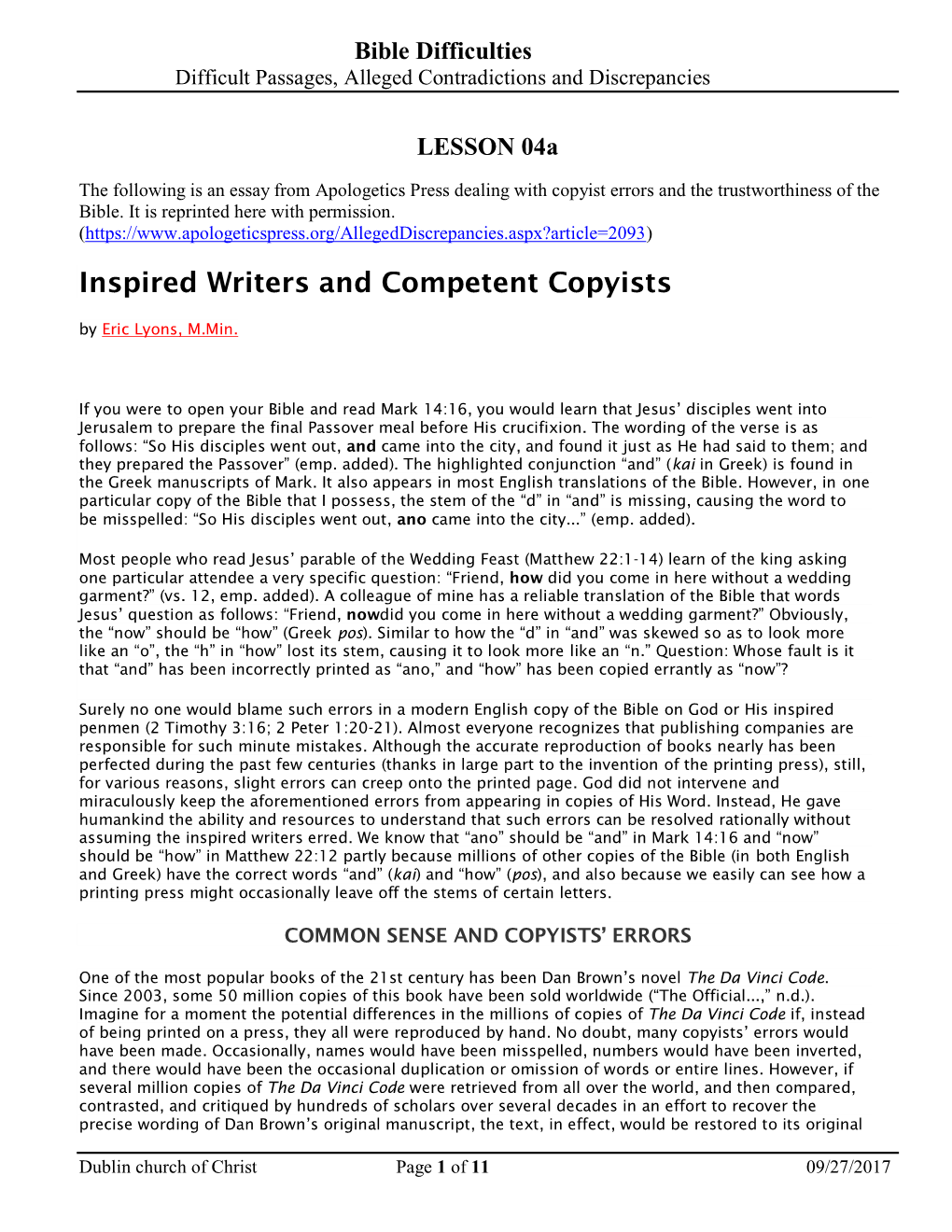 Inspired Writers and Competent Copyists by Eric Lyons, M.Min