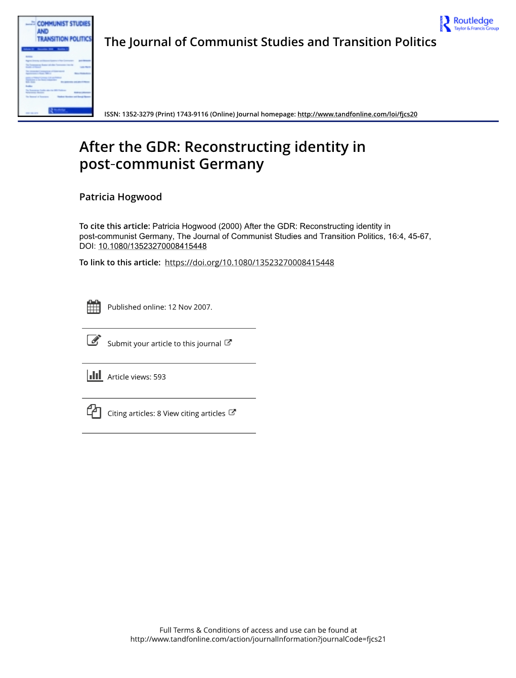 Reconstructing Identity in Post‐Communist Germany