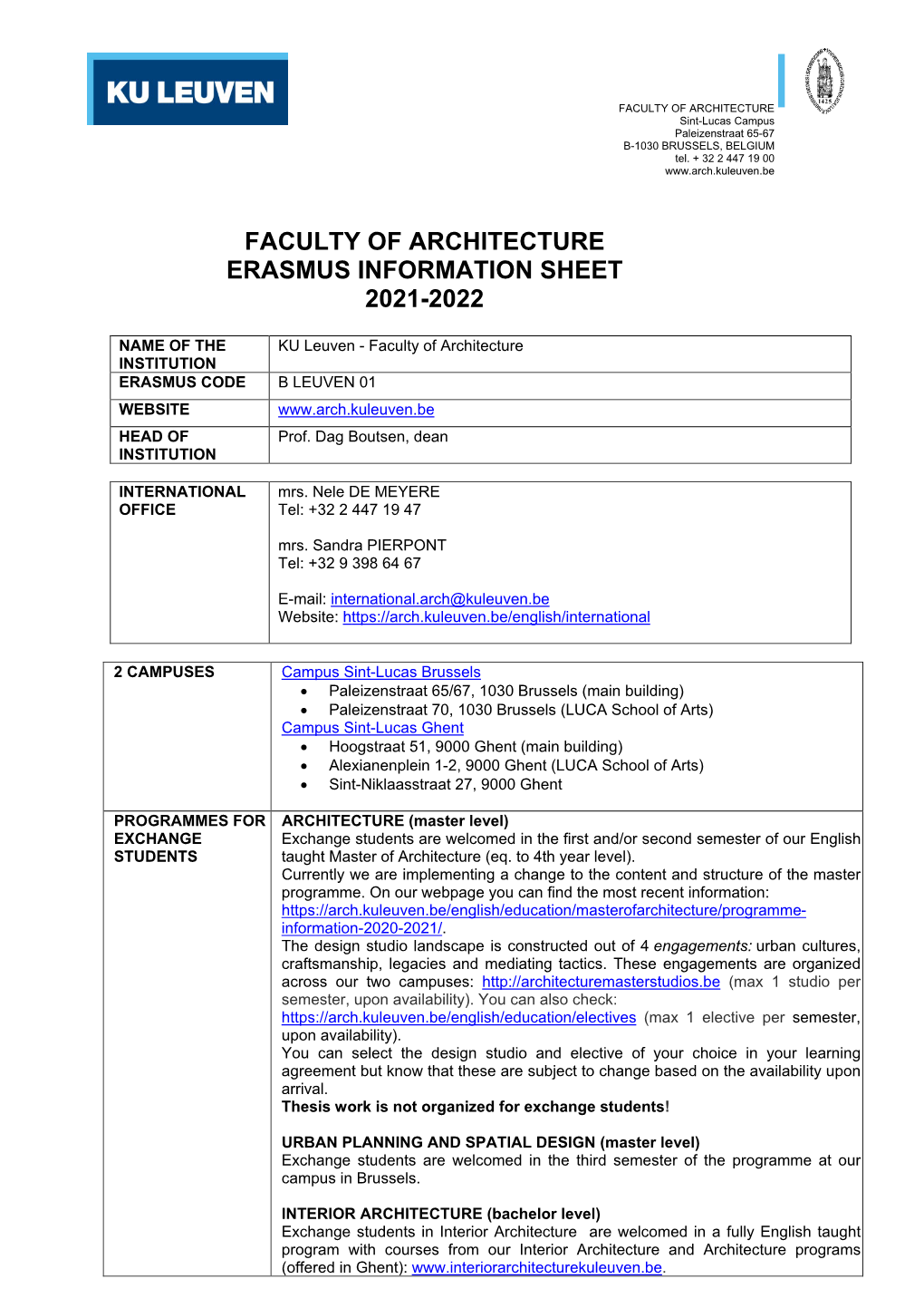 Faculty of Architecture Erasmus Information Sheet 2021-2022