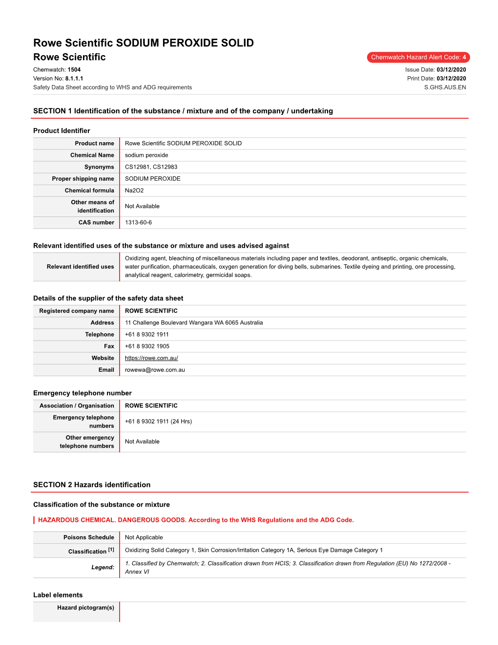 Rowe Scientific SODIUM PEROXIDE SOLID