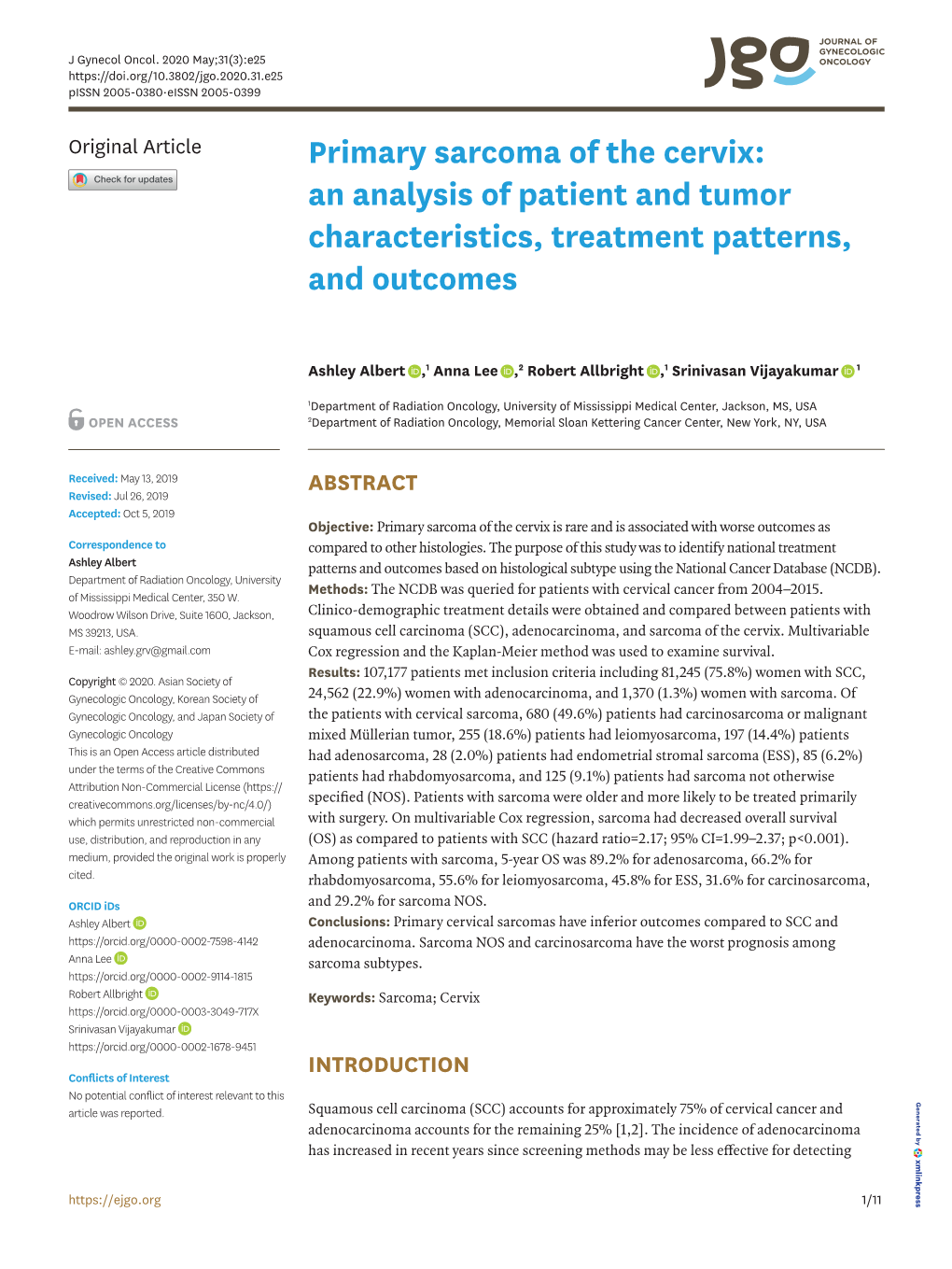 Primary Sarcoma of the Cervix: an Analysis of Patient and Tumor Characteristics, Treatment Patterns, and Outcomes