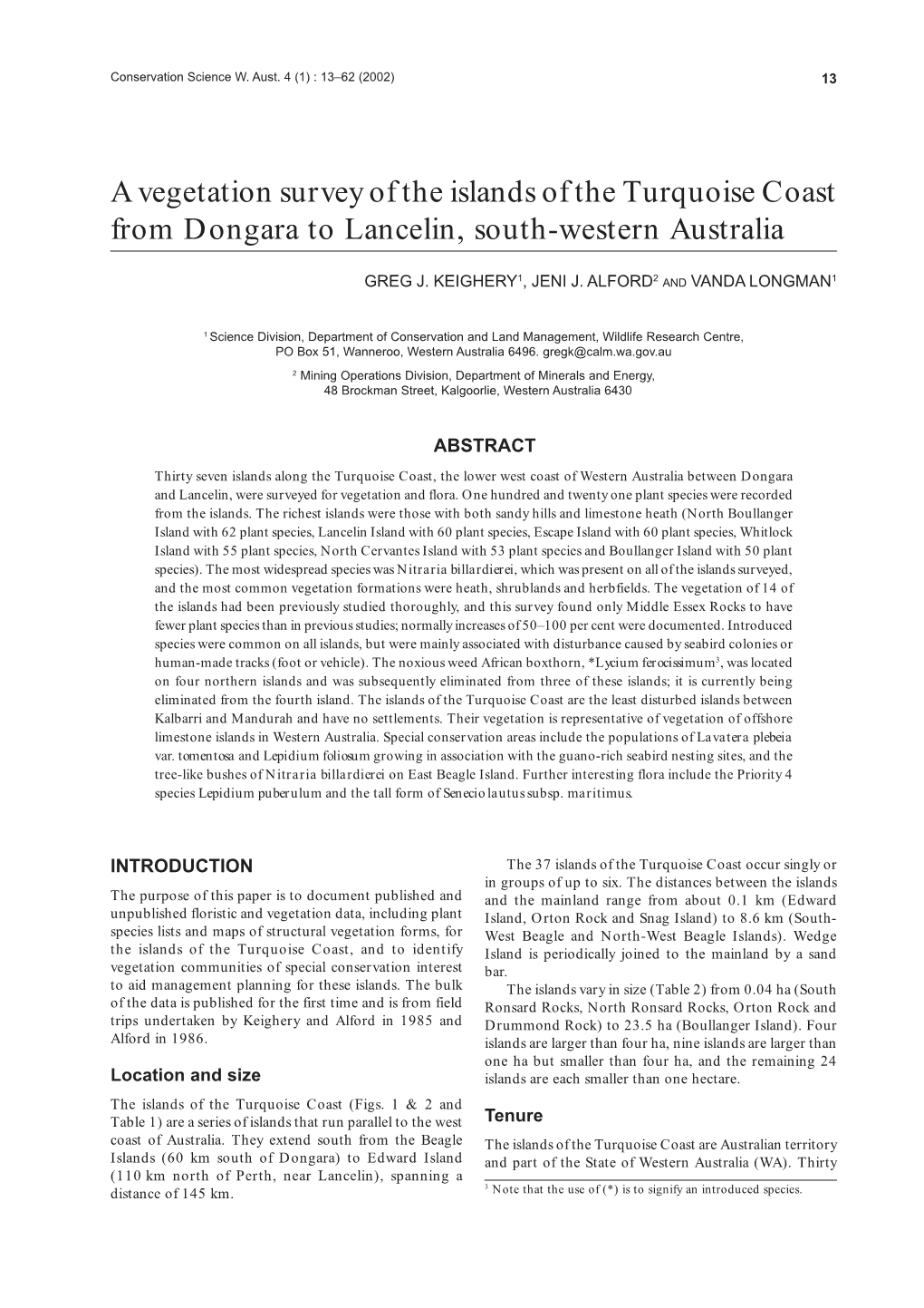 A Vegetation Survey of the Islands of the Turquoise Coast from Dongara to Lancelin, South-Western Australia