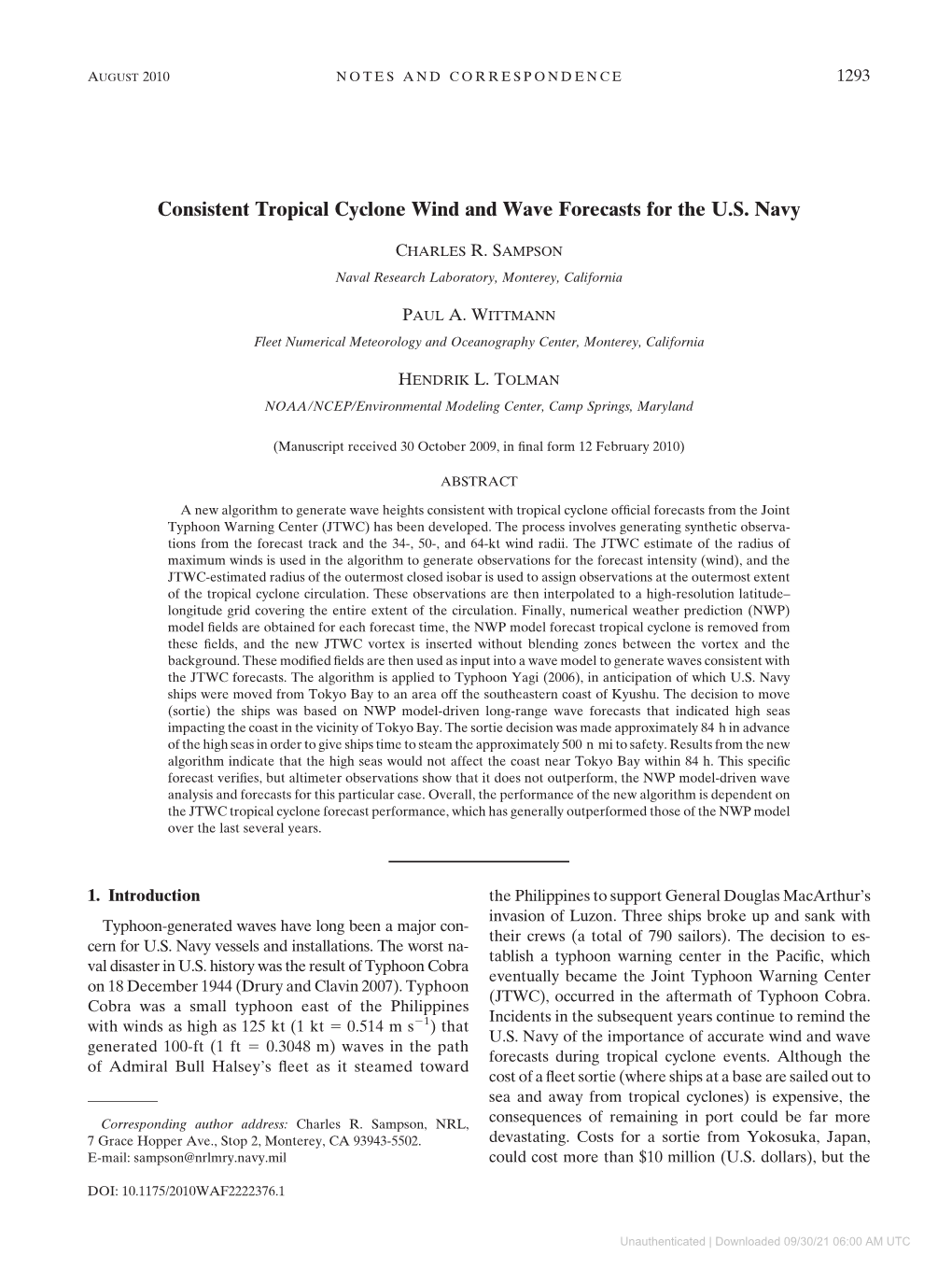 Consistent Tropical Cyclone Wind and Wave Forecasts for the U.S. Navy