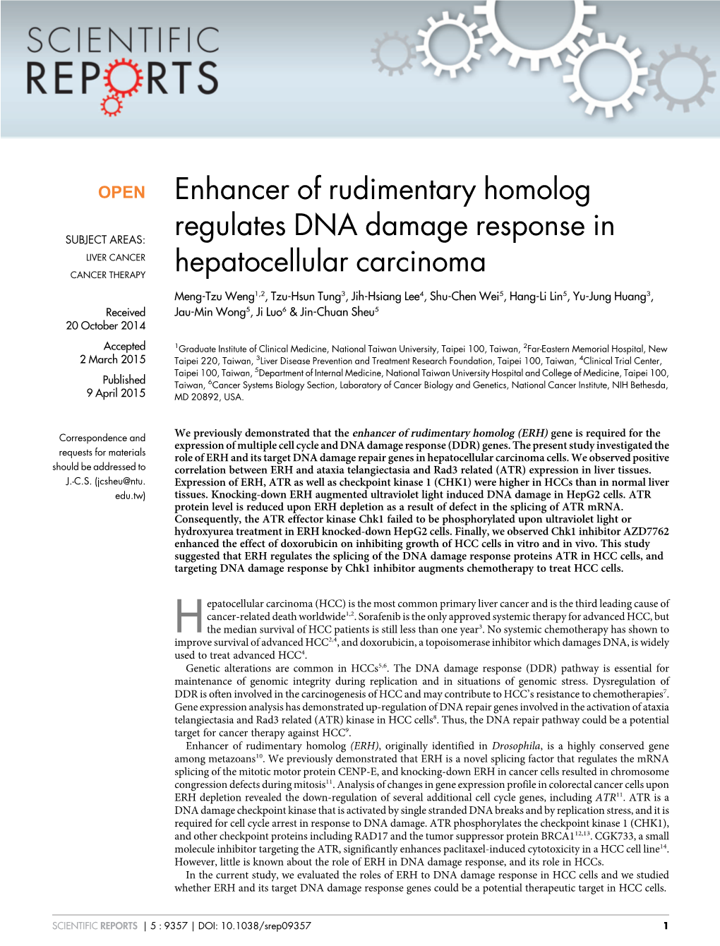 Enhancer of Rudimentary Homolog Regulates DNA Damage Response In