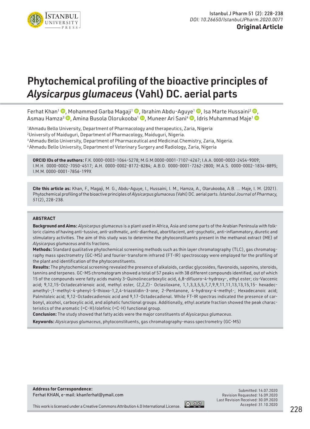Phytochemical Profiling of the Bioactive Principles of Alysicarpus Glumaceus (Vahl) DC. Aerial Parts