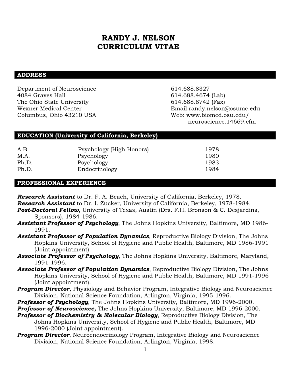 Randy J. Nelson Curriculum Vitae