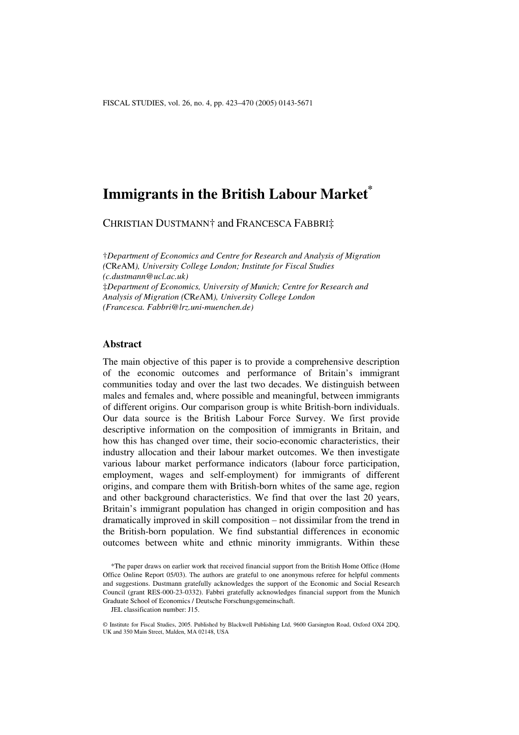 Immigrants in the British Labour Market*