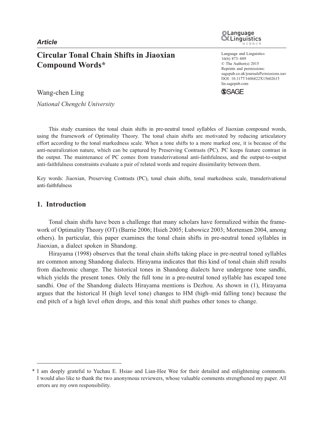 Circular Tonal Chain Shifts in Jiaoxian Compound Words*