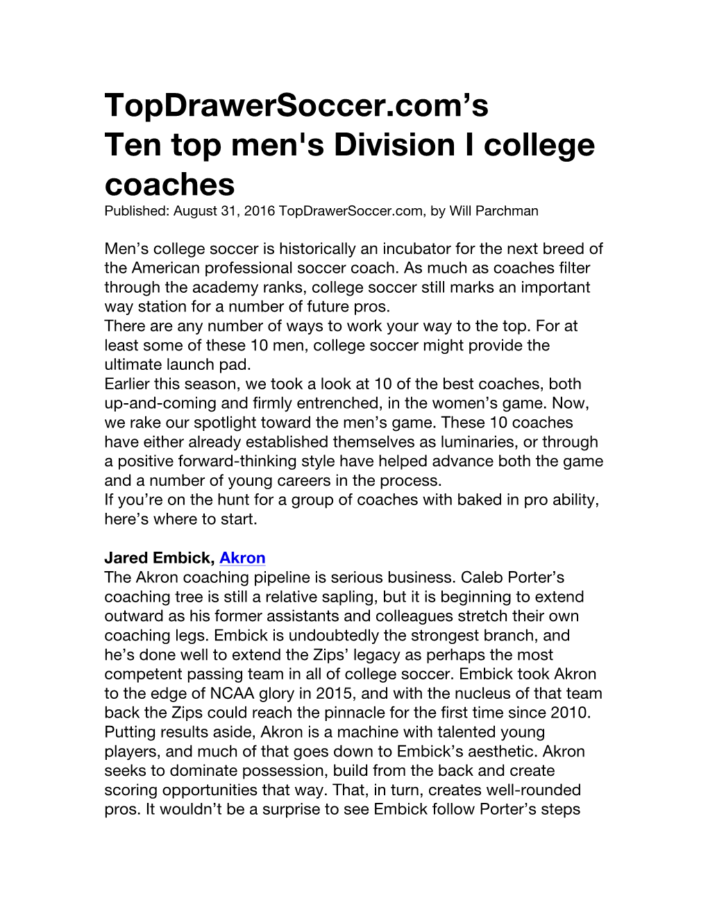 Topdrawersoccer.Com's Ten Top Men's Division I College Coaches