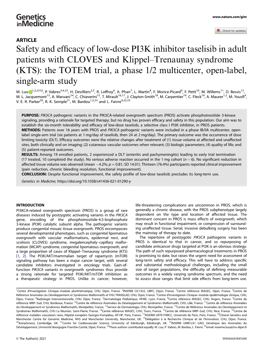 Safety and Efficacy of Low-Dose PI3K Inhibitor Taselisib in Adult