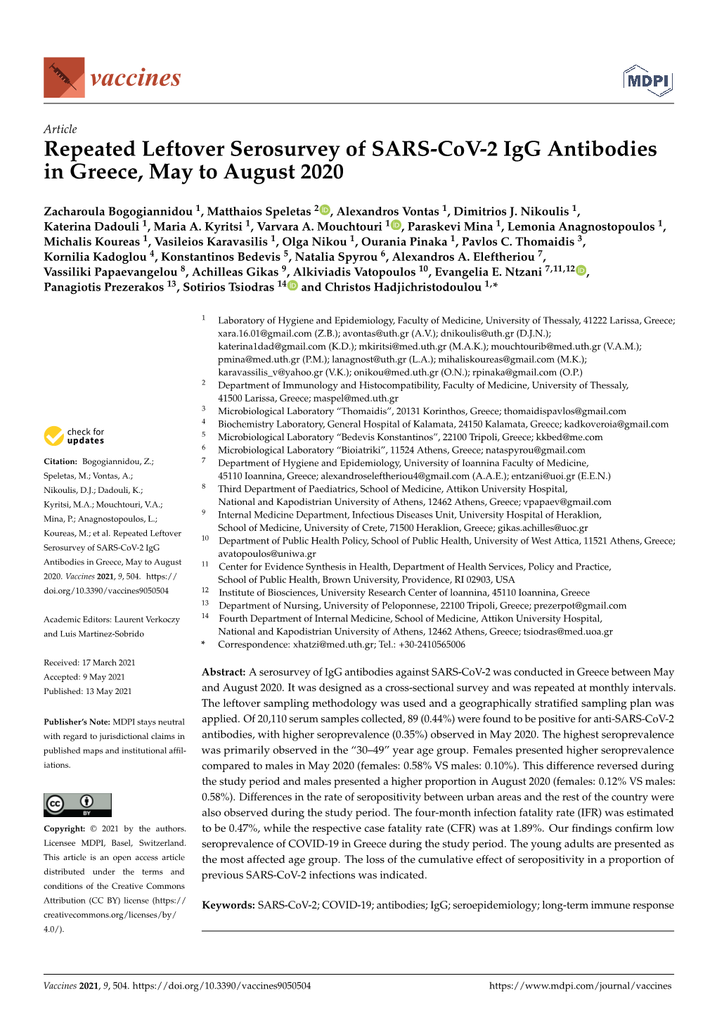 Repeated Leftover Serosurvey of SARS-Cov-2 Igg Antibodies in Greece, May to August 2020