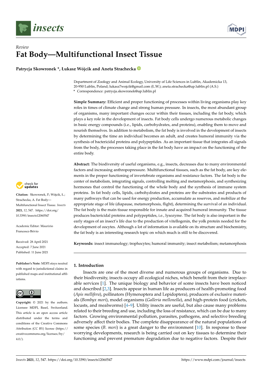 Fat Body—Multifunctional Insect Tissue