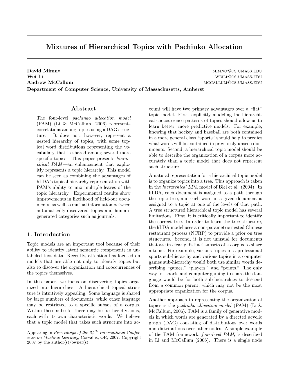 Mixtures of Hierarchical Topics with Pachinko Allocation