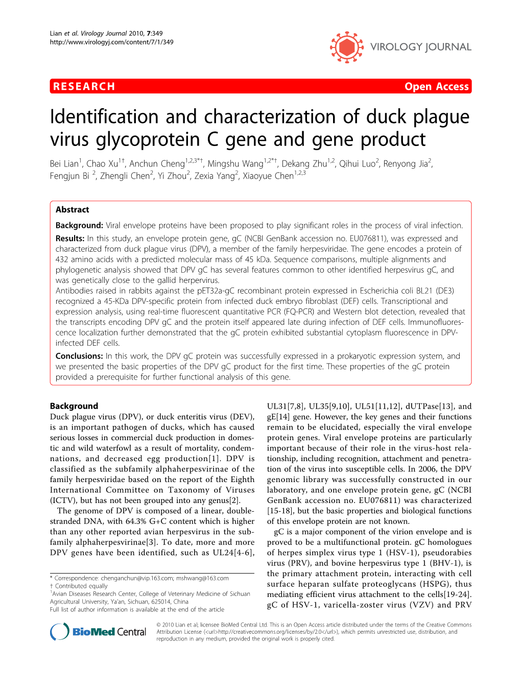 Identification and Characterization of Duck Plague Virus Glycoprotein C