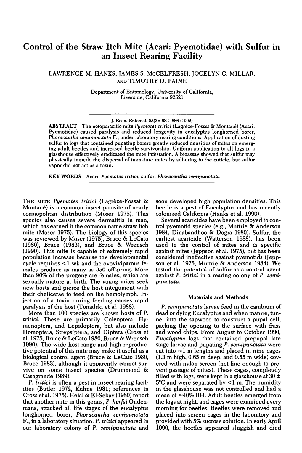 Control of the Straw Itch Mite (Acari: Pyemotidae) with Sulfur in an Insect Rearing Facility