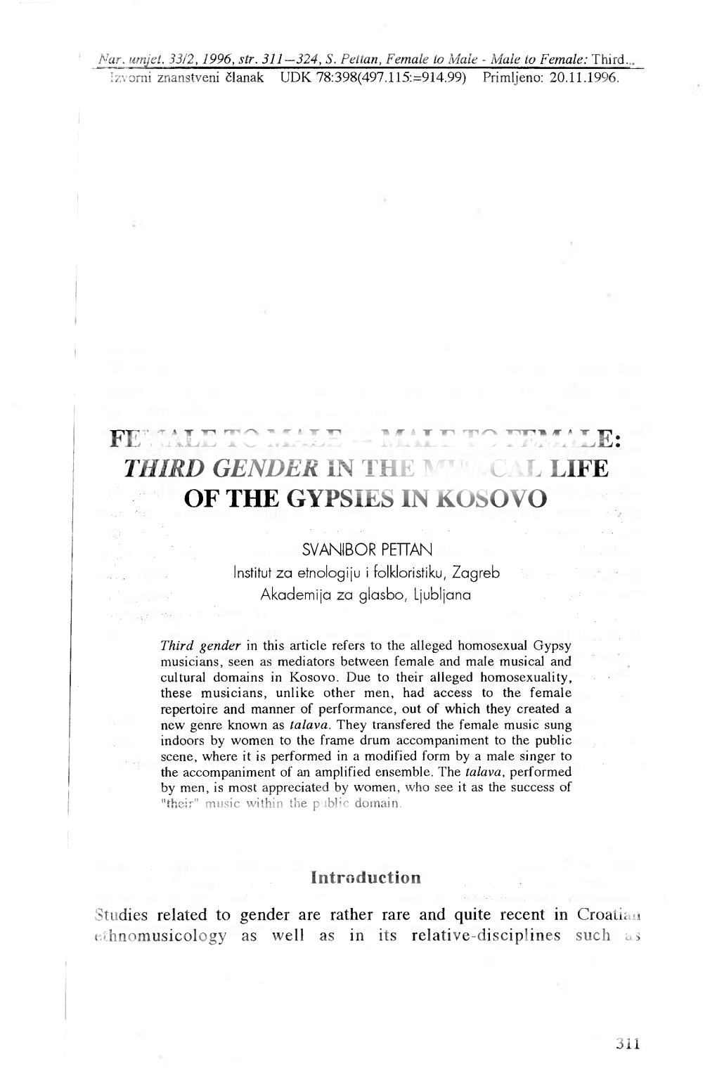 Male to Female: Third Gender in the Musical Life of the Gypsies in Kosovo