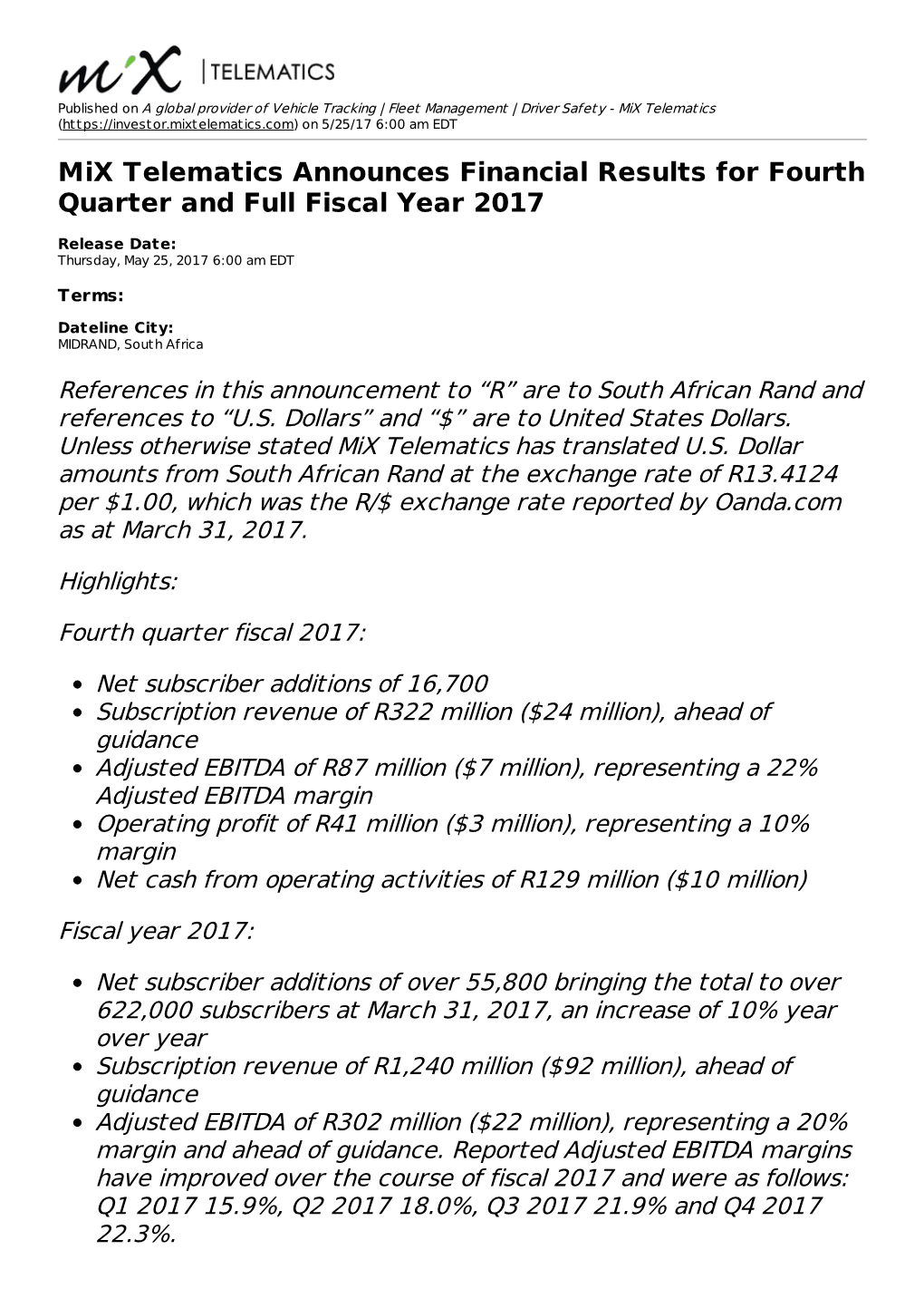 Mix Telematics Announces Financial Results for Fourth Quarter and Full Fiscal Year 2017