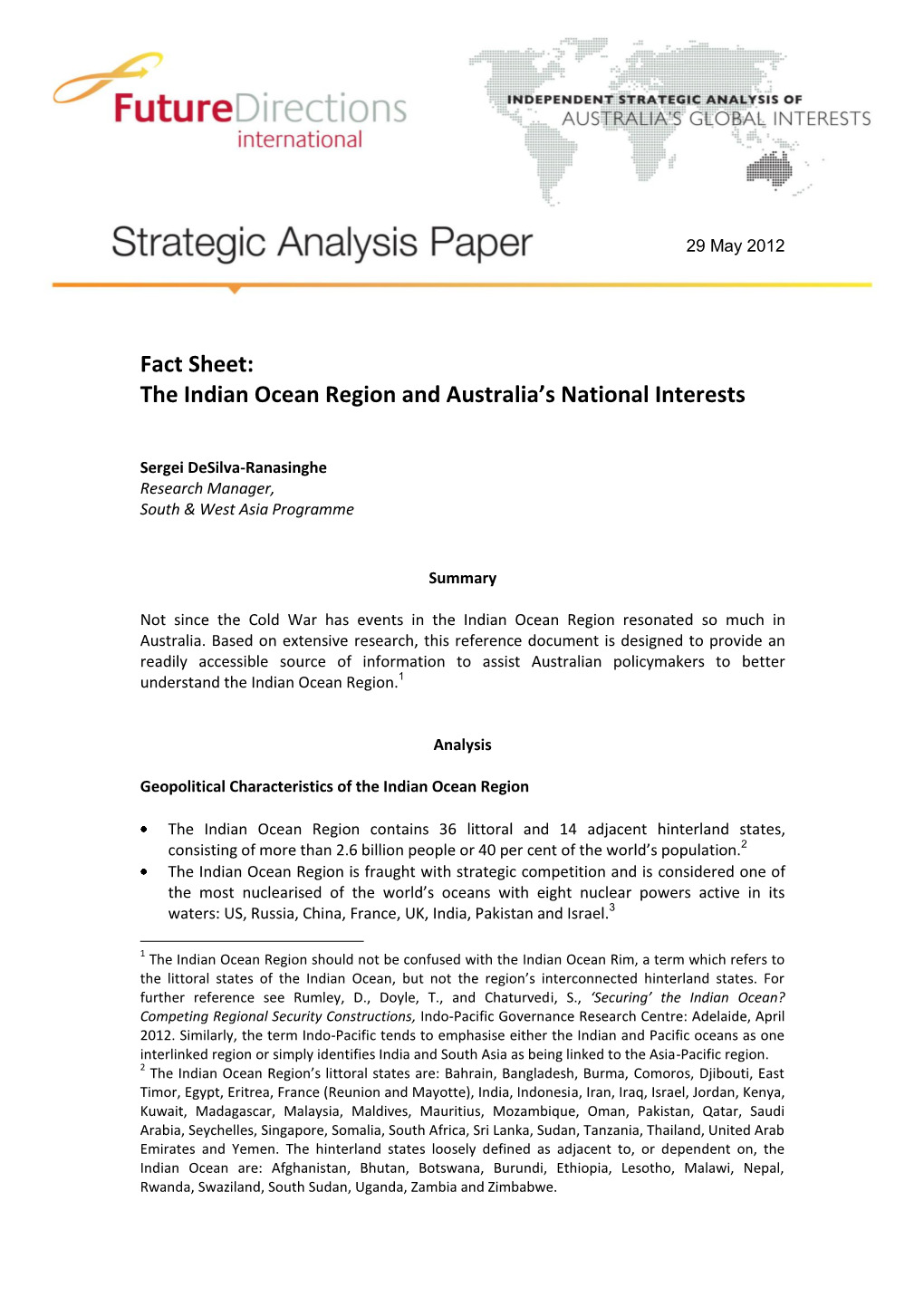 Fact Sheet: the Indian Ocean Region and Australia's National Interests
