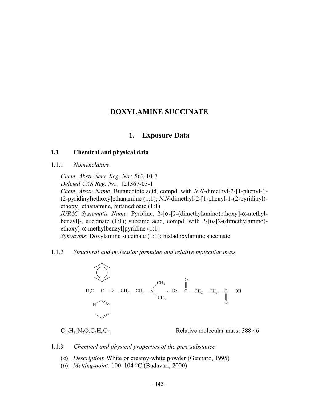 DOXYLAMINE SUCCINATE 1. Exposure Data