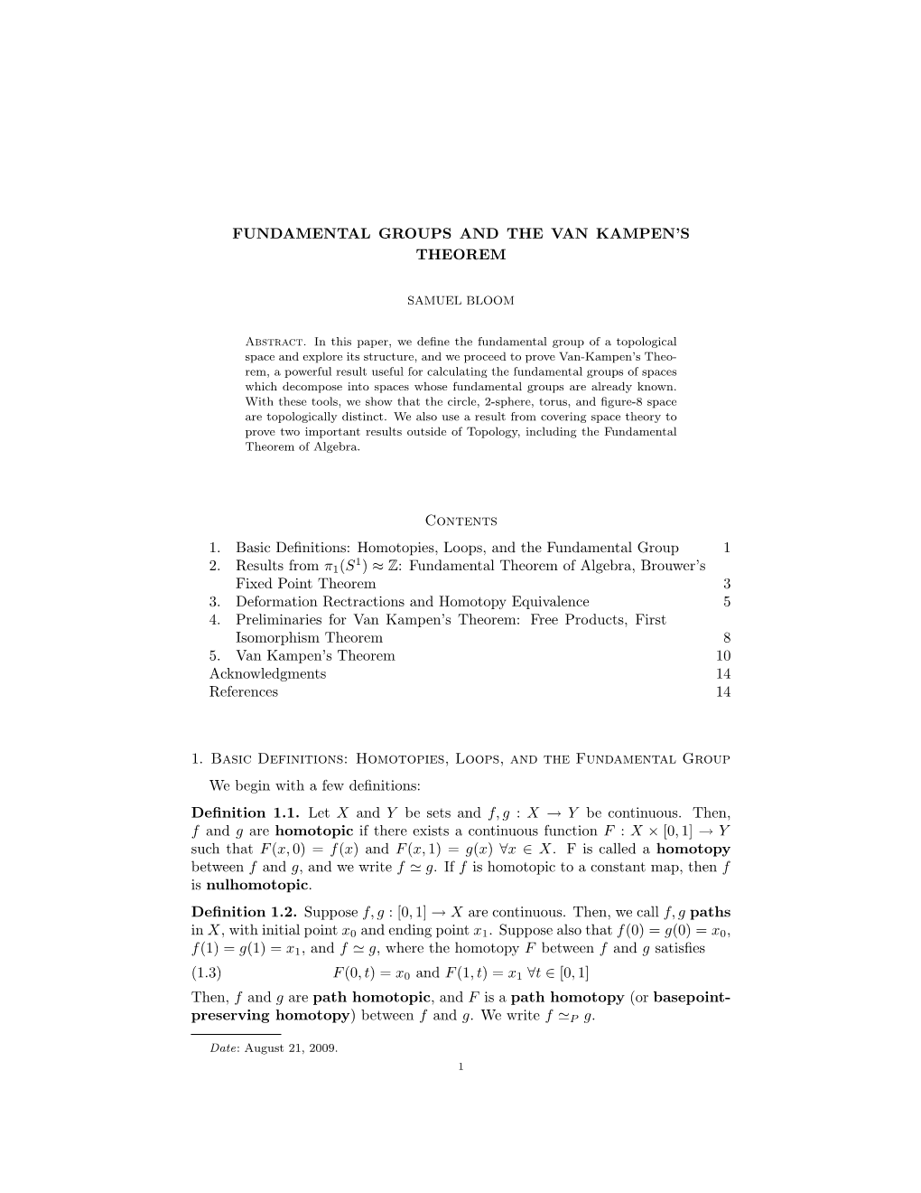 Homotopies, Loops, and the Fundamental Group 1 1 2