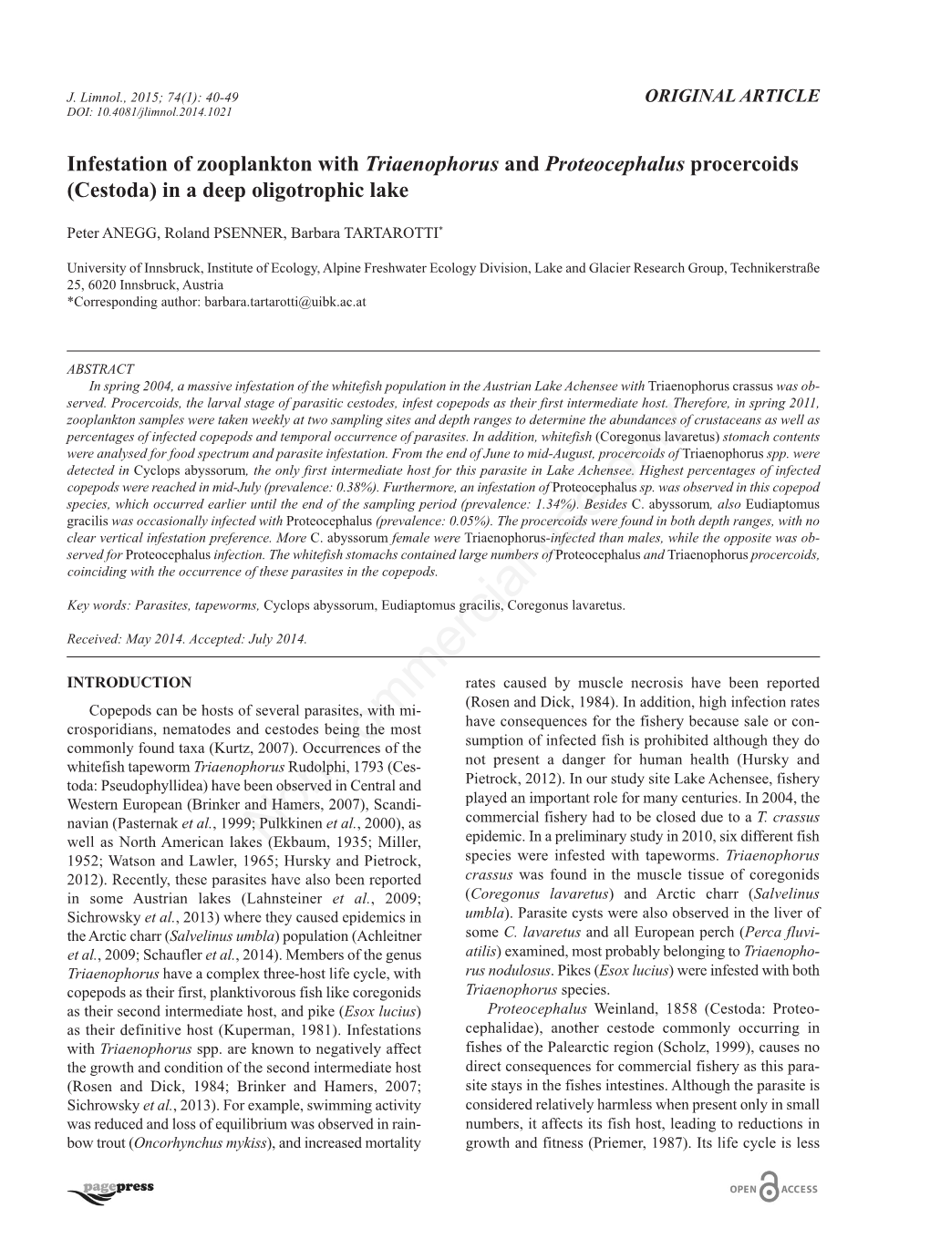 Infestation of Zooplankton with Triaenophorus and Proteocephalus Procercoids (Cestoda) in a Deep Oligotrophic Lake