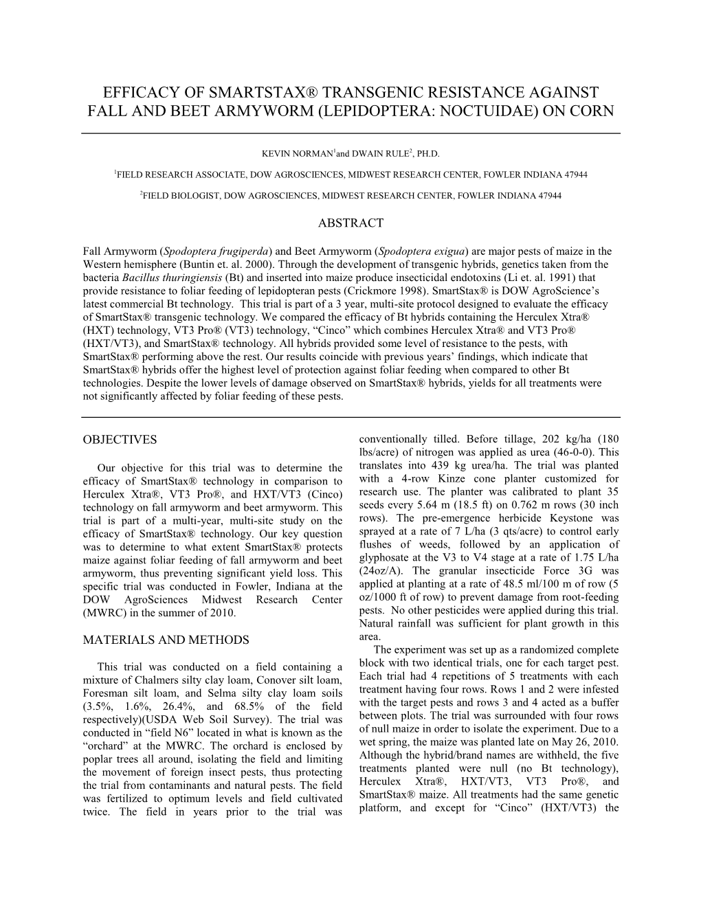 Efficacy of Smartstax® Transgenic Resistance Against Fall and Beet Armyworm (Lepidoptera: Noctuidae) on Corn