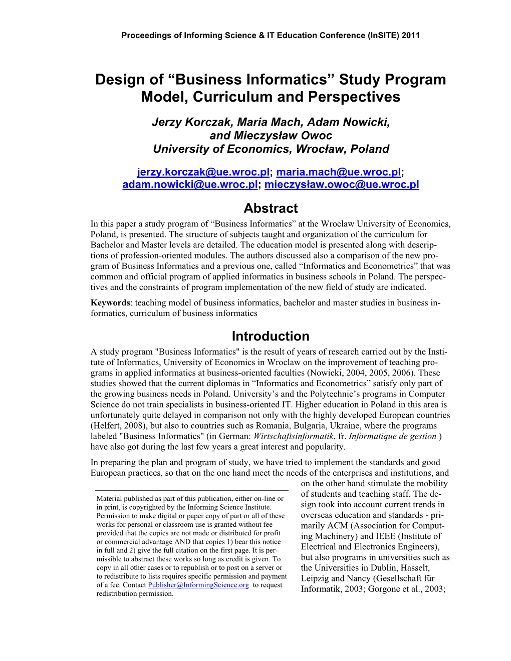Design of “Business Informatics” Study Program Model, Curriculum and Perspectives