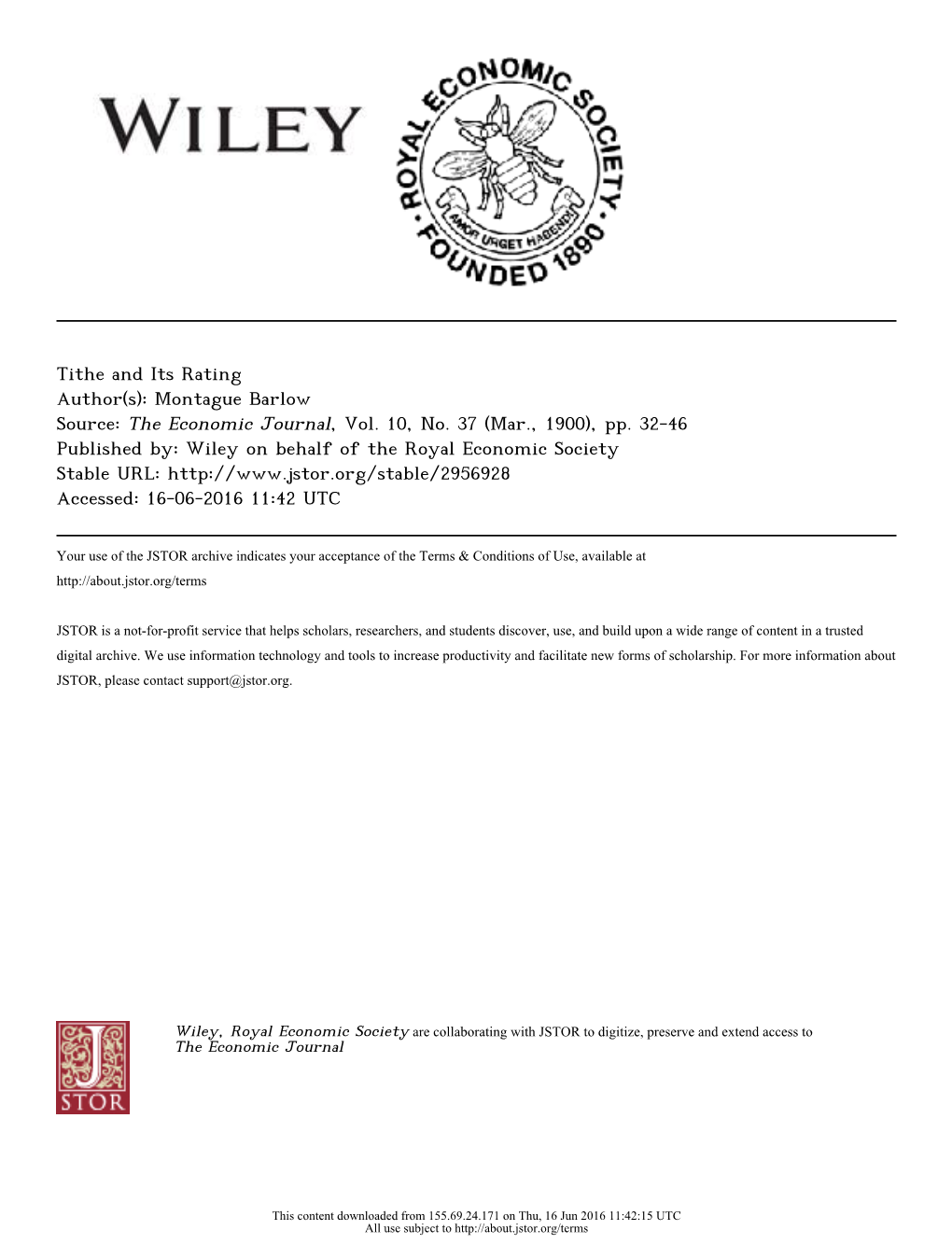 Tithe and Its Rating Author(S): Montague Barlow Source: the Economic Journal, Vol